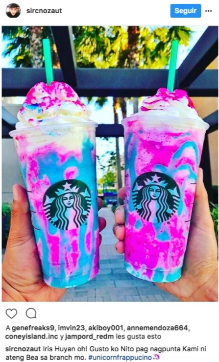 Publicación en Instagram de dos frapuccinos unicornio de Starbucks